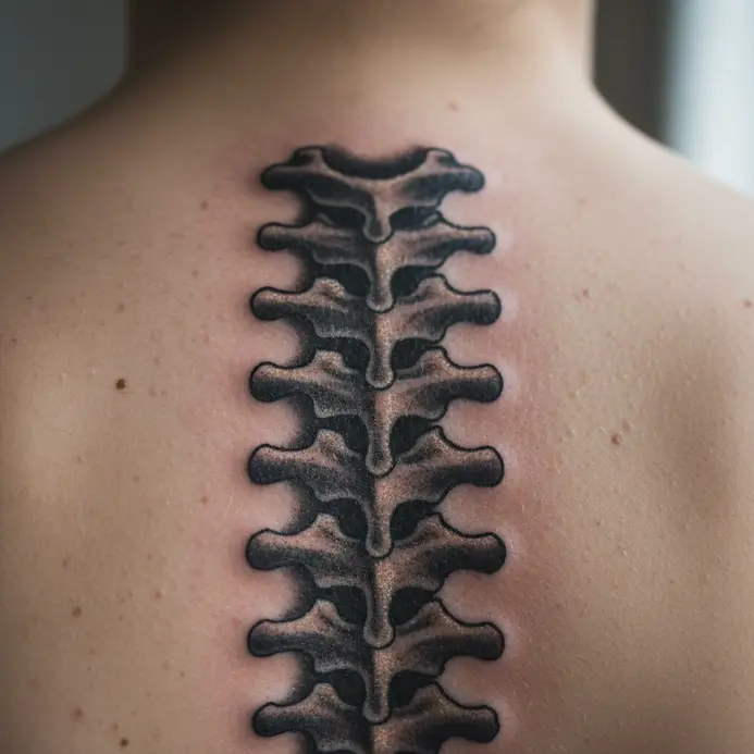 A column of highly detailed, shaded spinal vertebrae running down the back.