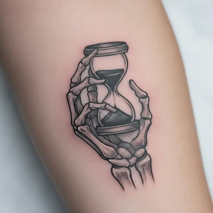 A skeletal forearm and hand delicately holding a small hourglass.