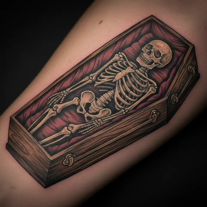 An open wooden coffin lid revealing a skeletal figure lying within.