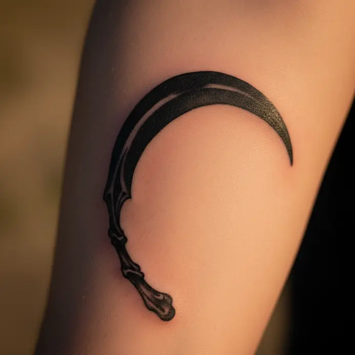 A large, bold black silhouette of a curved scythe on a forearm.
