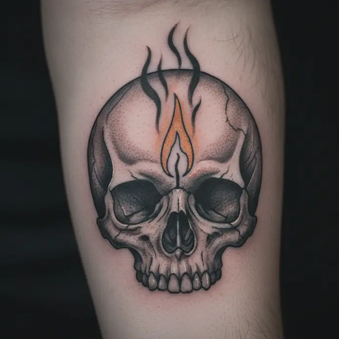 A human skull with a single, bright flame emerging from the top.