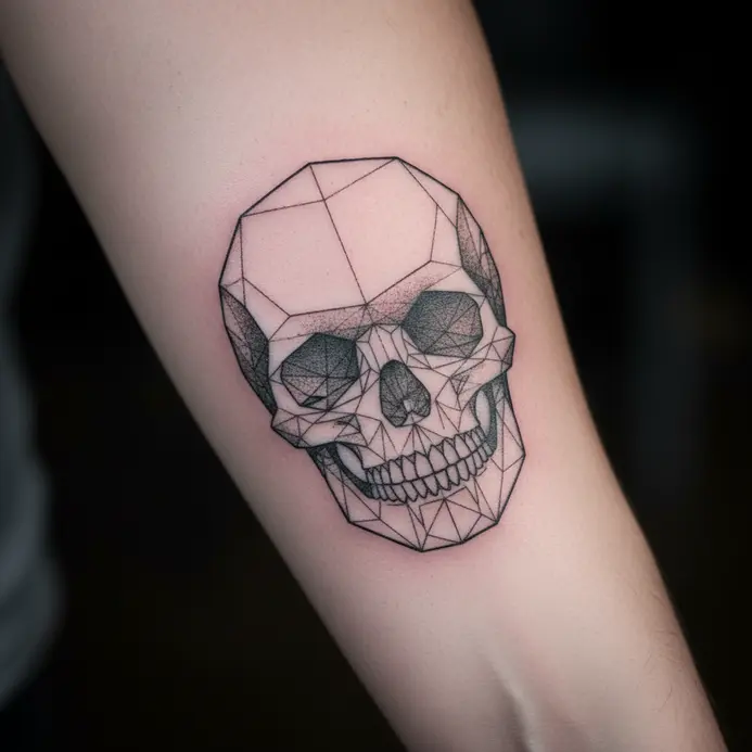 A minimalist skull outline created with precise triangles and lines.