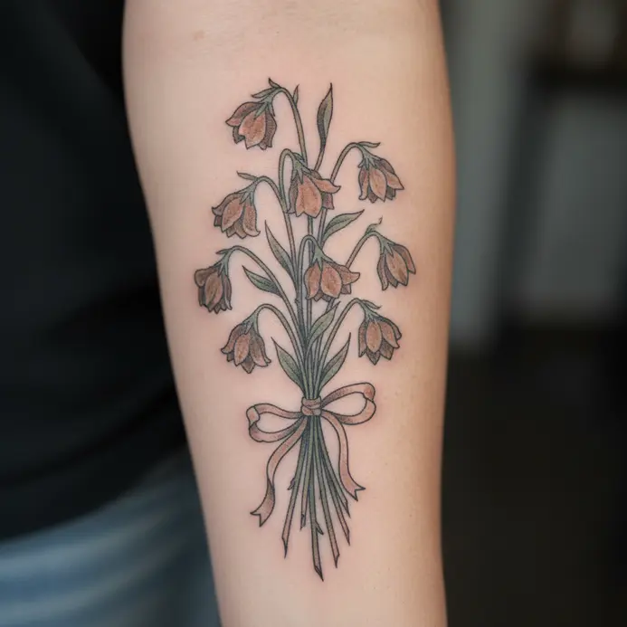 A delicate line drawing of a tied bouquet with drooping, wilted blooms.