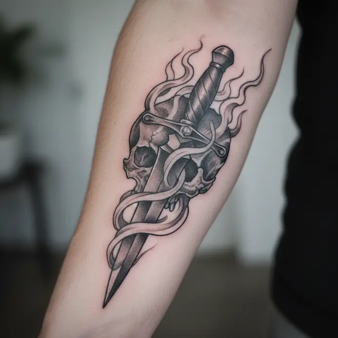 A detailed dagger piercing a skull that appears to be fading into smoke.