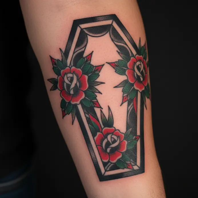 A bold, lined coffin shape filled with classic red rose designs.