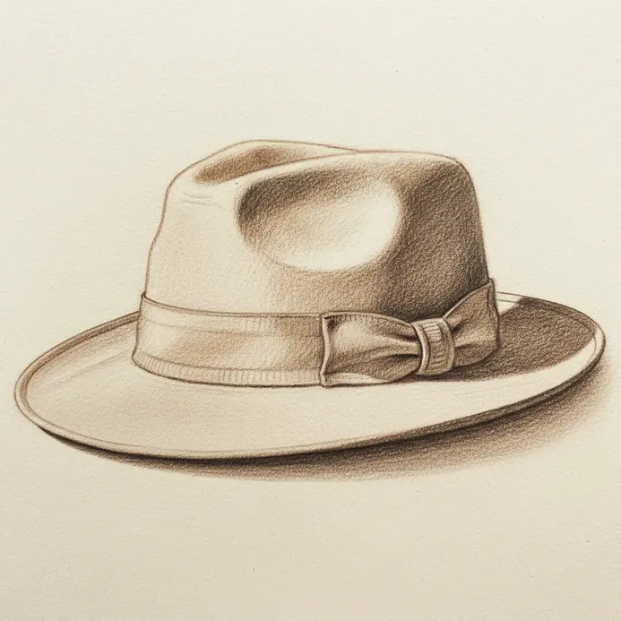 A simple line drawing of a tilted black fedora with a curved brim and a centered ribbon band.