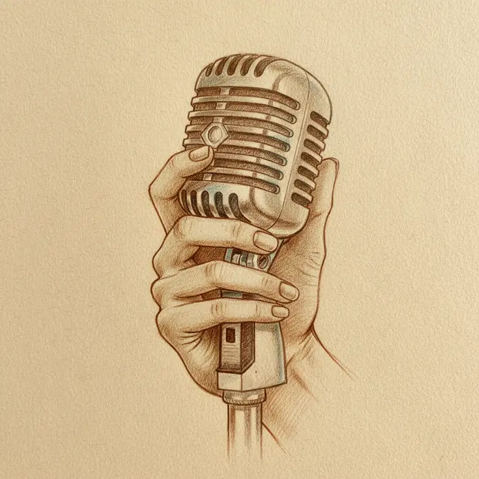 A close-up drawing of a hand wrapped around the base of a vintage-style microphone.