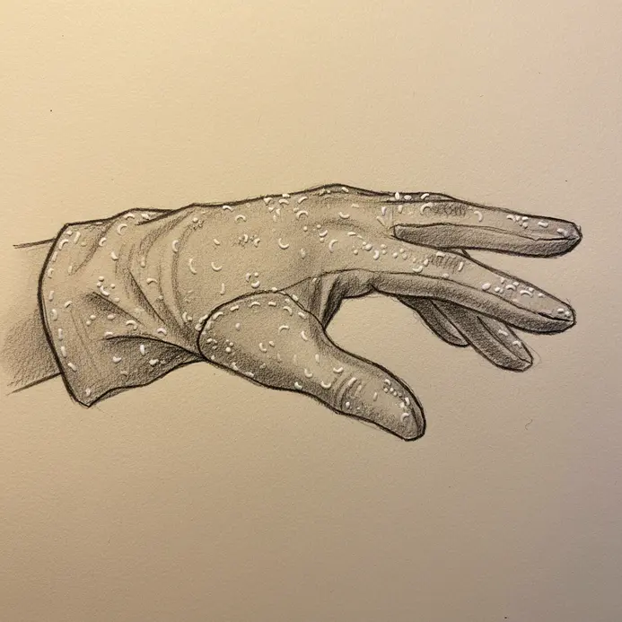 A drawing of a relaxed left hand wearing a glove, with white gel pen highlights to suggest sequins.