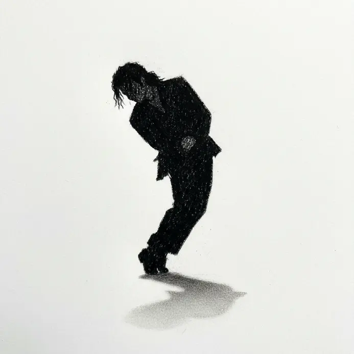 A bold, solid black silhouette of a figure leaning forward at a dramatic angle with feet together.