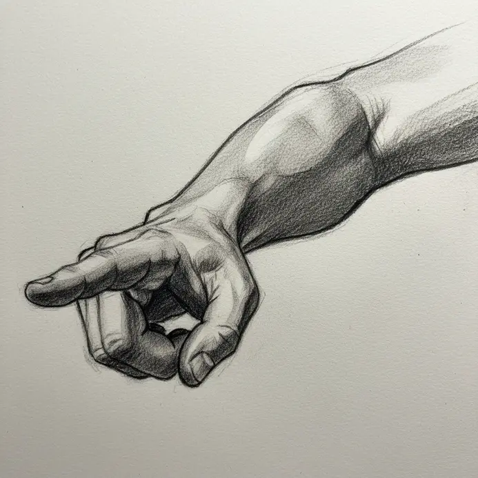 A sketch of an arm bent at the elbow with the hand pointing forward, focusing on the arm's angle.