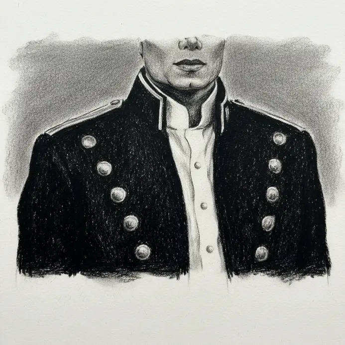 A high-contrast charcoal sketch showing a black military-style jacket over a crisp white shirt.