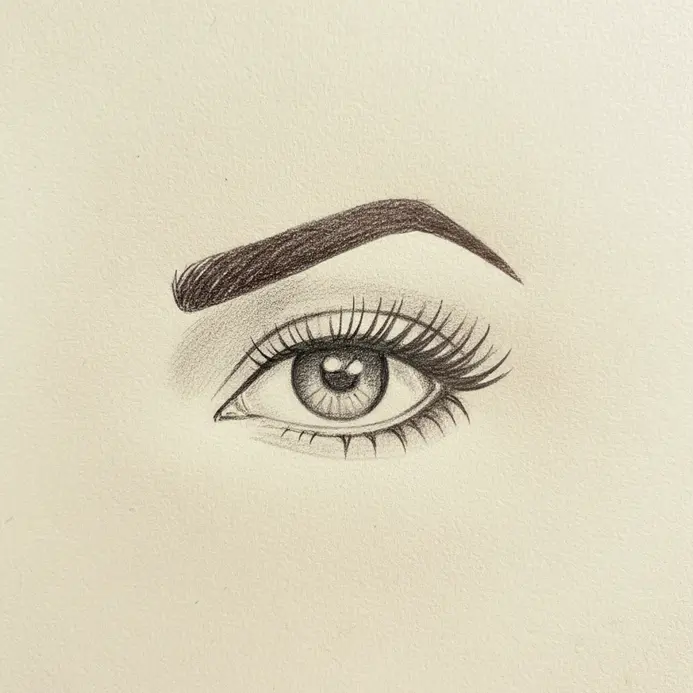A simplified drawing of an eye with a strong, arched eyebrow and thick eyelashes.
