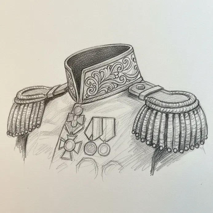 A focused sketch of a military jacket's high collar, epaulets, and suggested medal details.
