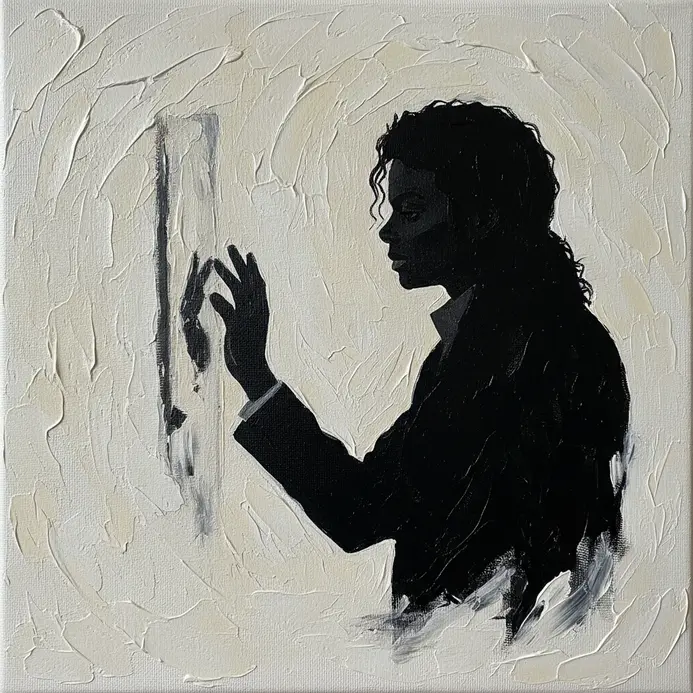 A solid black silhouette of Michael Jackson with his hand raised in the Man in the Mirror gesture against a light background.