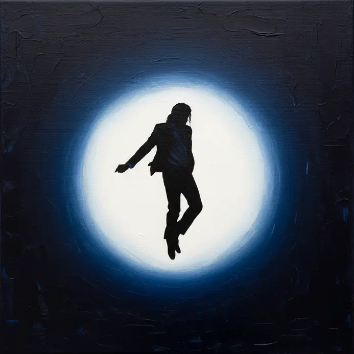 A black silhouette of Michael Jackson on his toes isolated in a circle of light against a deep, dark background.