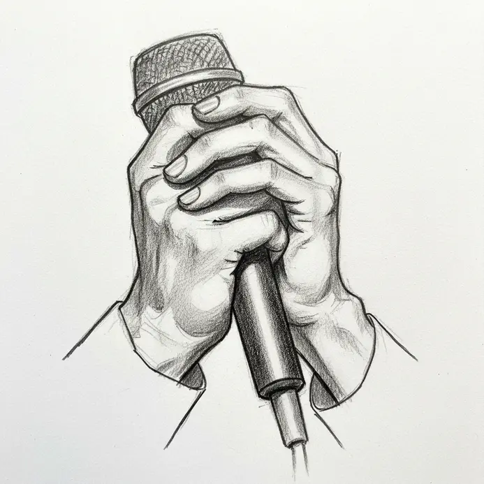 A detailed monochrome graphite drawing of hands clutching a microphone, emphasizing gesture and form.