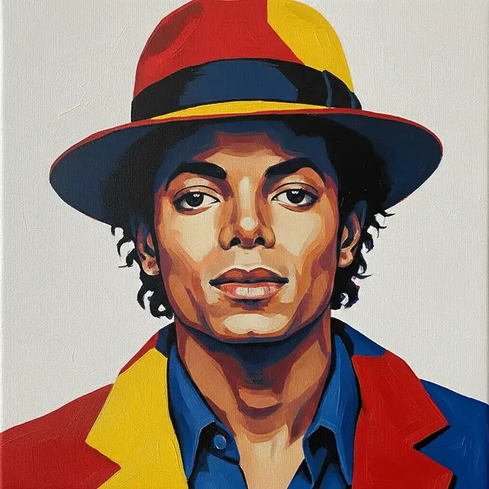 A stylized pop art portrait where the fedora is rendered in large blocks of bright red, yellow, and blue acrylic paint.