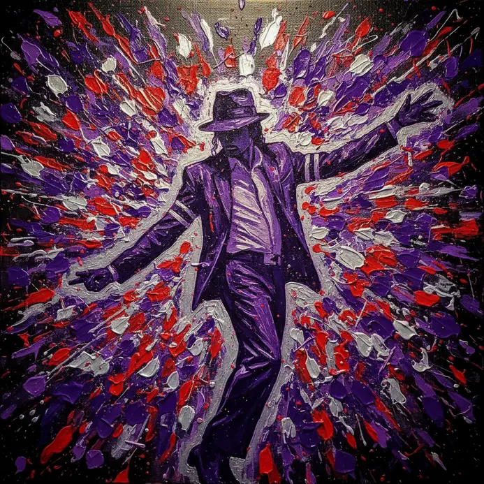 An energetic abstract painting with splattered paint forming the dynamic shape of Michael Jackson performing on stage.