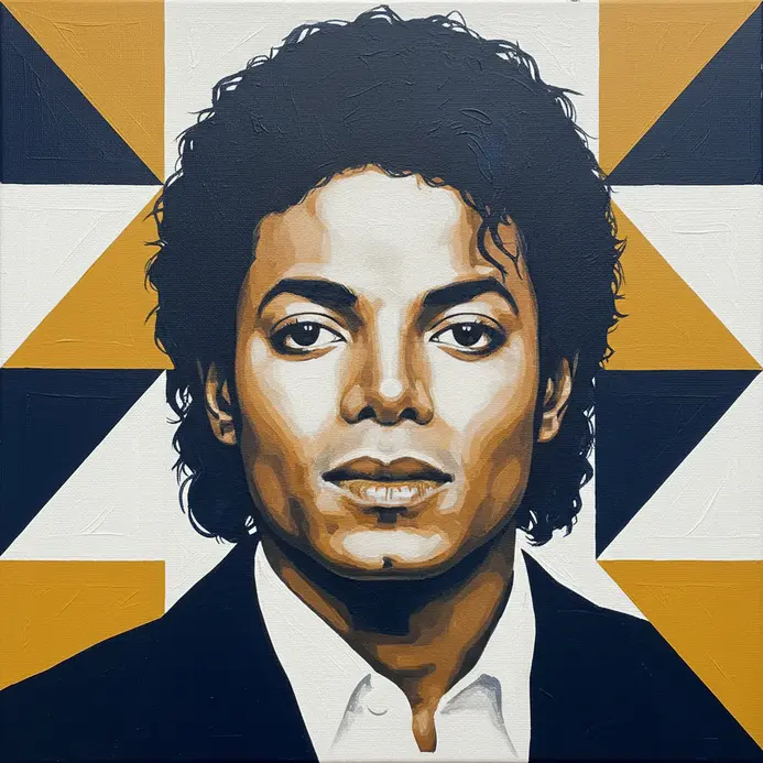 A portrait of Michael Jackson constructed from interlocking geometric shapes filled with solid, matte colors.