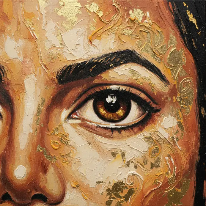 A close-up painting where metallic gold leaf accents the intense eye and features from the Dangerous album artwork.