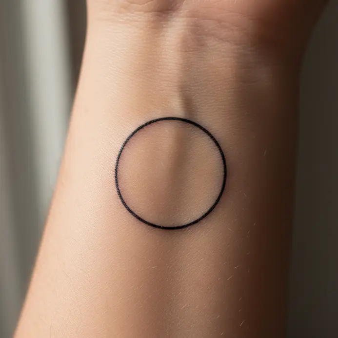 A delicate, thin black circle tattoo on the inner wrist, showcasing precise linework.