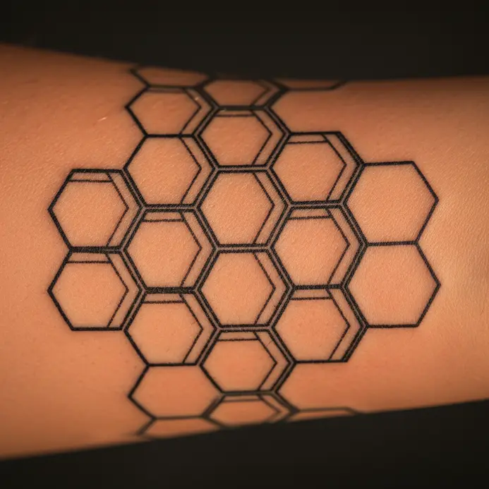 A cluster of interlocking hexagons, resembling a honeycomb, tattooed on the hand or wrist.