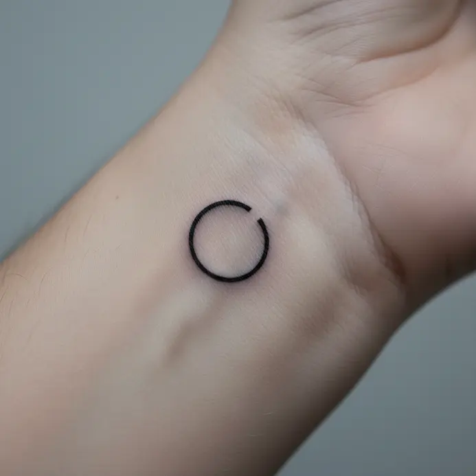 A simple black circle with a small, intentional gap, placed on the inner wrist.