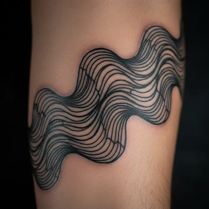 A flowing wave pattern constructed from a series of connected straight lines across the upper back.