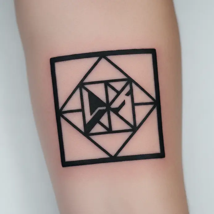 A bold square outline on the forearm containing a smaller geometric shape formed by negative space.