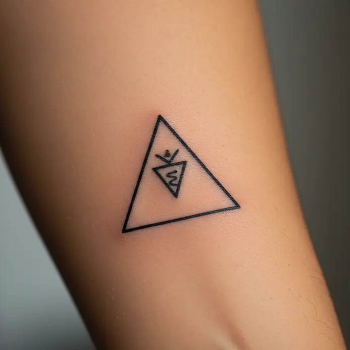 An equilateral triangle containing the alchemical symbol for earth, tattooed on the inner bicep.