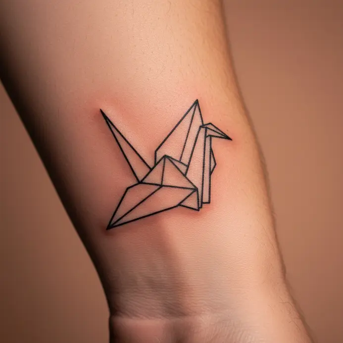 A stylized origami crane tattoo on the wrist, its form defined by crisp, angular fold lines.