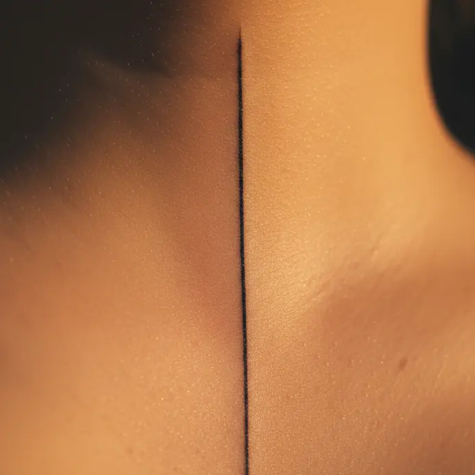A perfectly straight, fine black line tattooed vertically along the center of the spine.