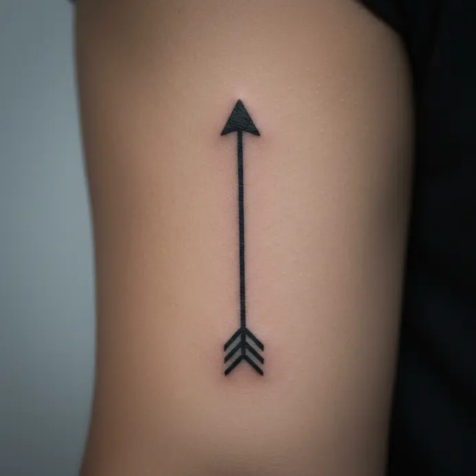 A minimalist arrow design composed of a straight shaft and triangular head on the bicep.