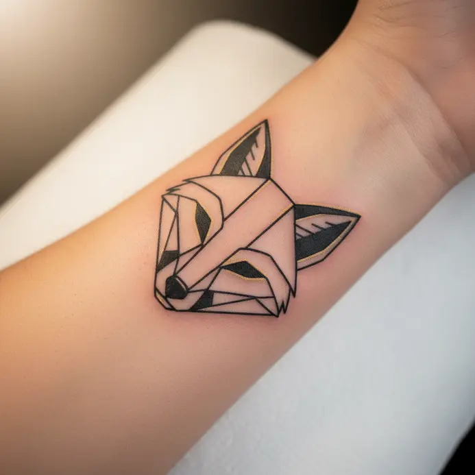 A stylized fox silhouette created from intersecting triangles and straight lines on a forearm.