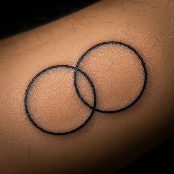 A simple Venn diagram of two overlapping circles tattooed on the forearm, using clean outlines.