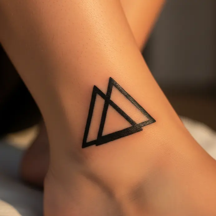 Two equilateral triangles overlapping at the ankle, forming a simple geometric pattern.