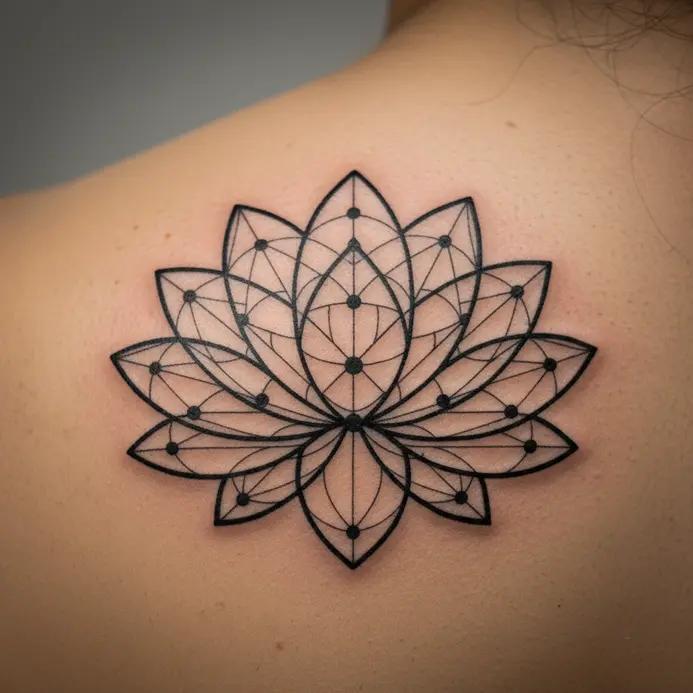 A stylized lotus blossom on the shoulder, its petals formed from precise triangles and circles.