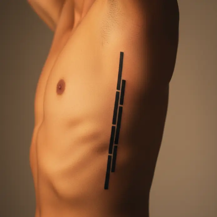 A series of narrow, solid black rectangles stacked vertically along the ribcage.