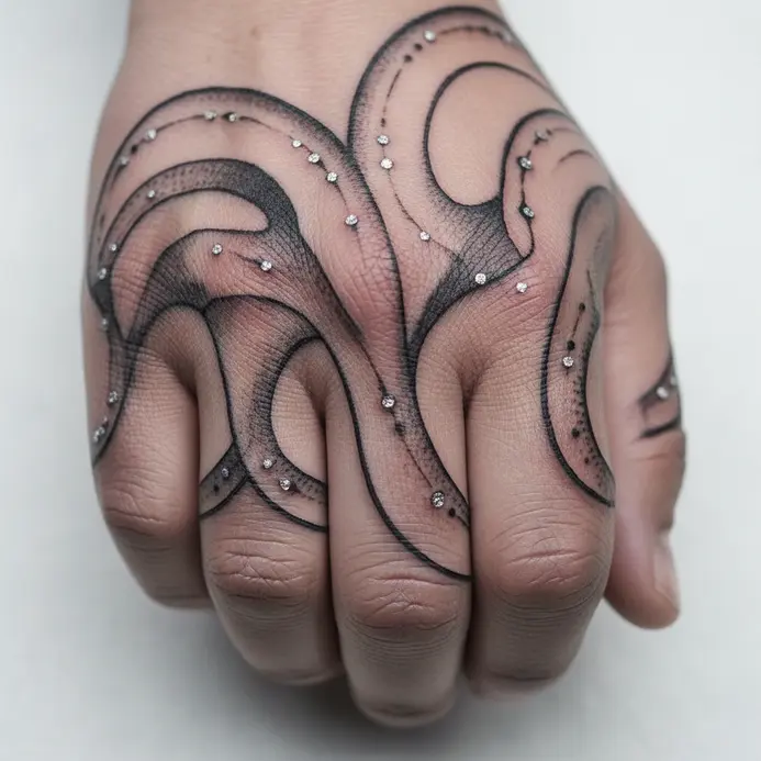 An anatomical view of the hand, highlighting tendons, bones, and thin skin on the fingers.