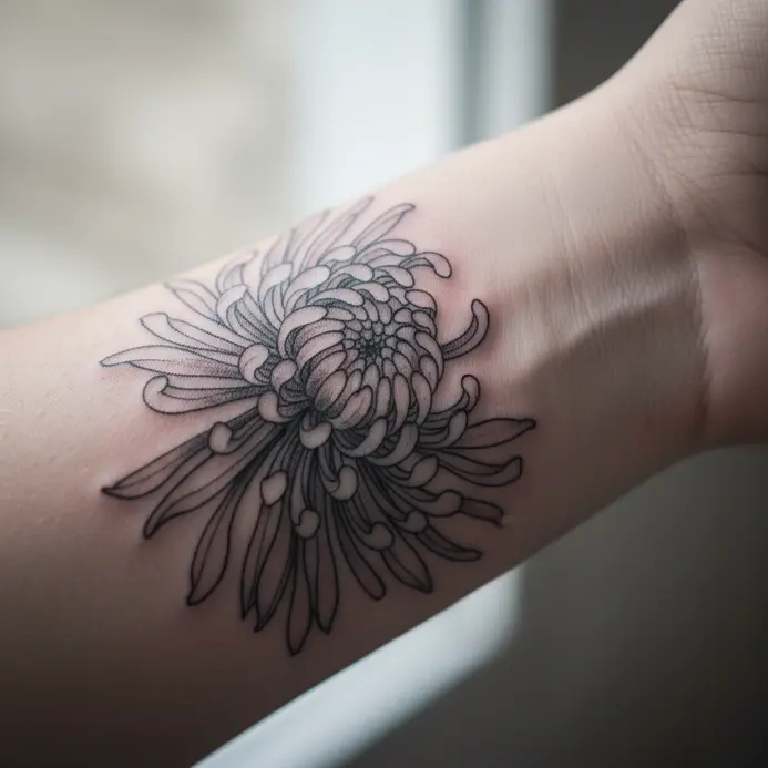A delicate chrysanthemum flower tattoo with fine black lines on the side of a wrist.