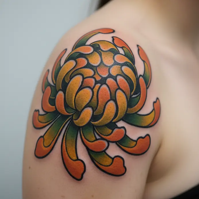 A bold chrysanthemum tattoo on the shoulder with rich color, black outlines, and decorative elements in the neo traditional style.