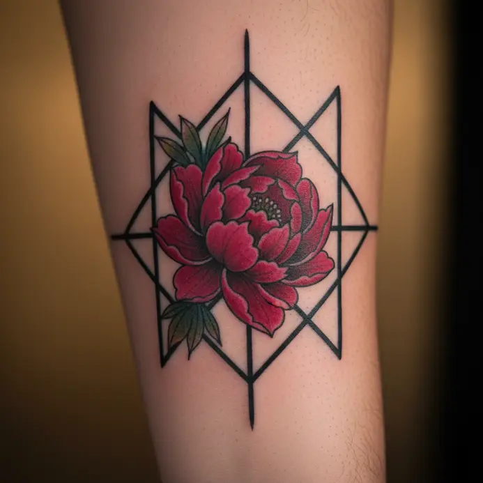 A peony flower tattoo framed by geometric line work and patterns on a forearm.