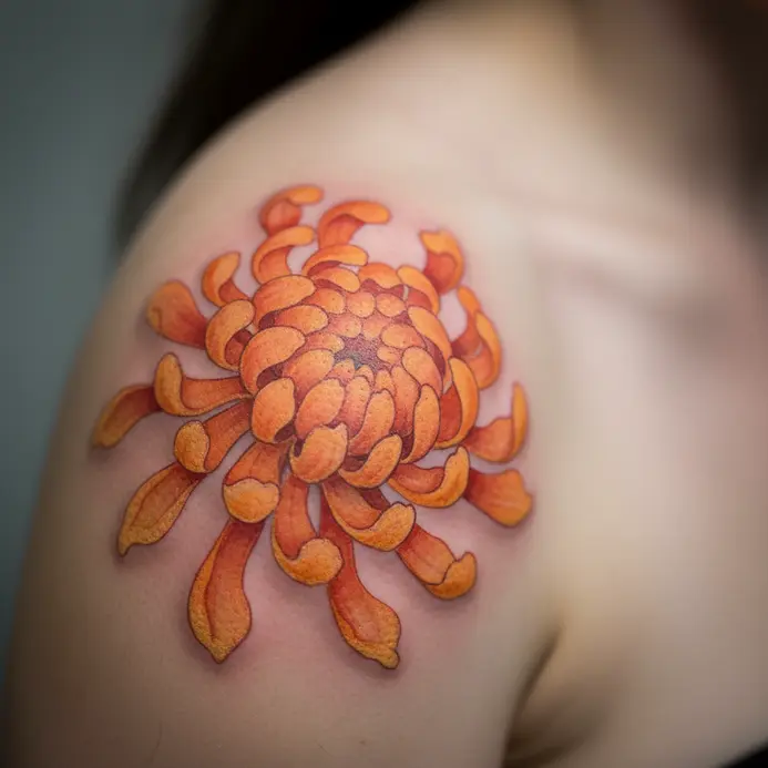 A chrysanthemum tattoo with soft watercolor-style washes of color blending on the shoulder.