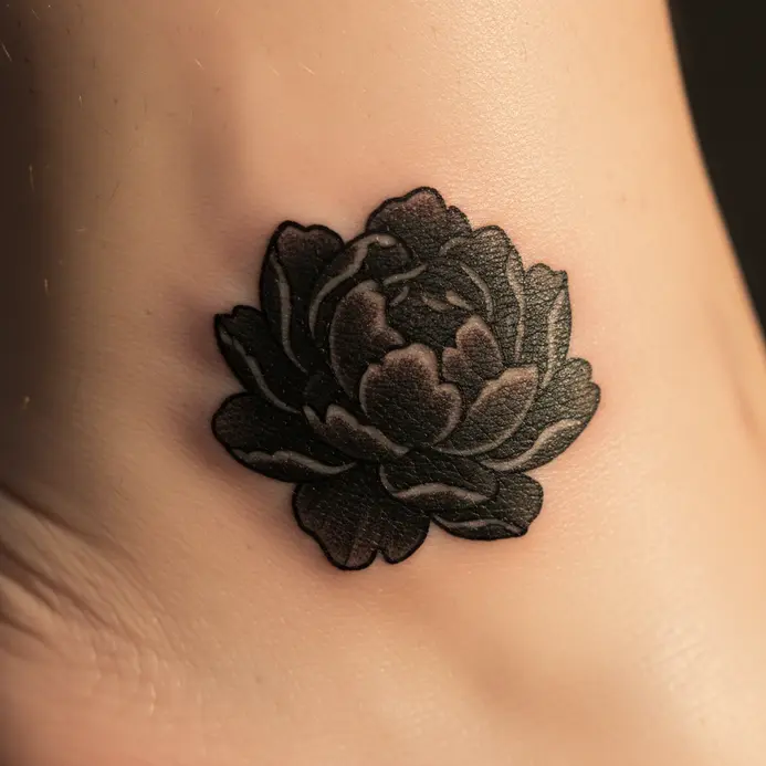 A simple, solid black peony silhouette tattoo placed elegantly above the ankle bone.
