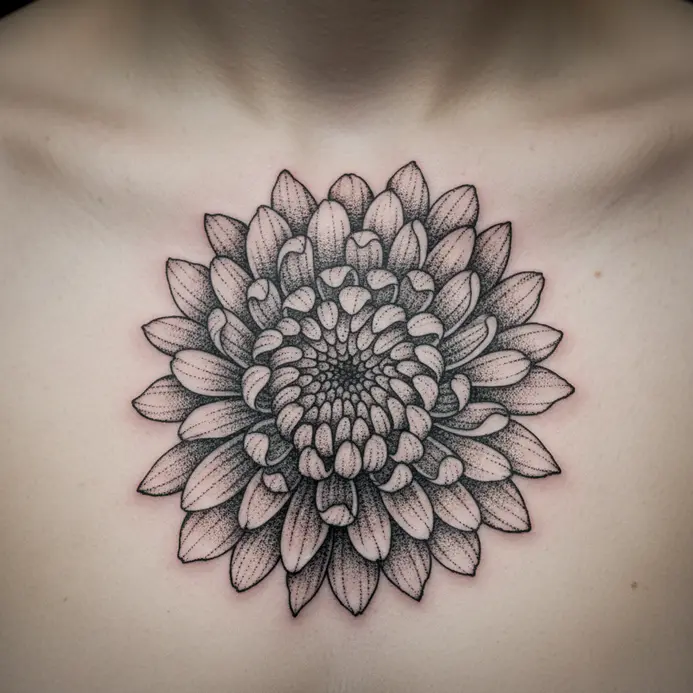 A detailed chrysanthemum tattoo created using stippling and dotwork techniques, centered on the sternum.