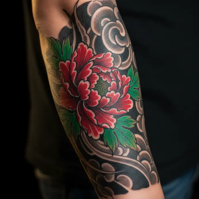 A full or half-sleeve tattoo featuring a large, bold peony flower in the traditional Japanese Irezumi style.