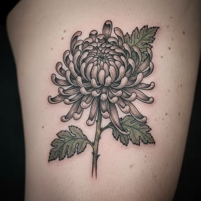 A realistic chrysanthemum tattoo on the thigh, rendered in a detailed botanical illustration style with shading.
