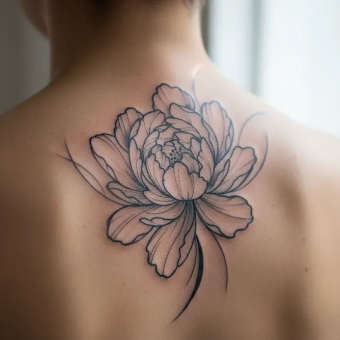 An abstract interpretation of a peony flower using flowing lines and shapes across the upper back.