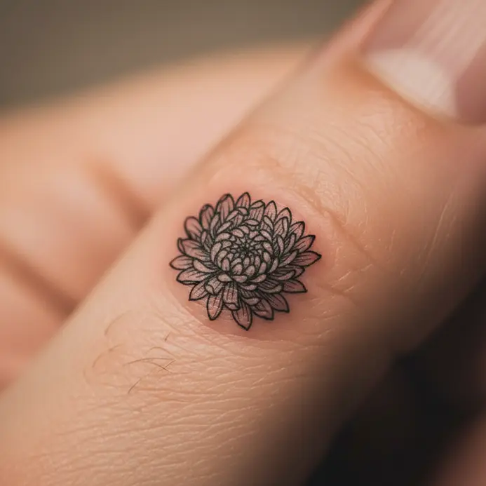 A tiny, detailed chrysanthemum tattoo placed on the side of a finger.