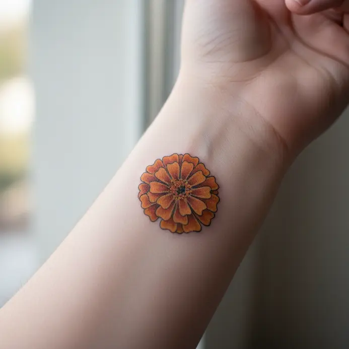 A delicate, single-line drawing of a marigold flower tattooed on the inner wrist.